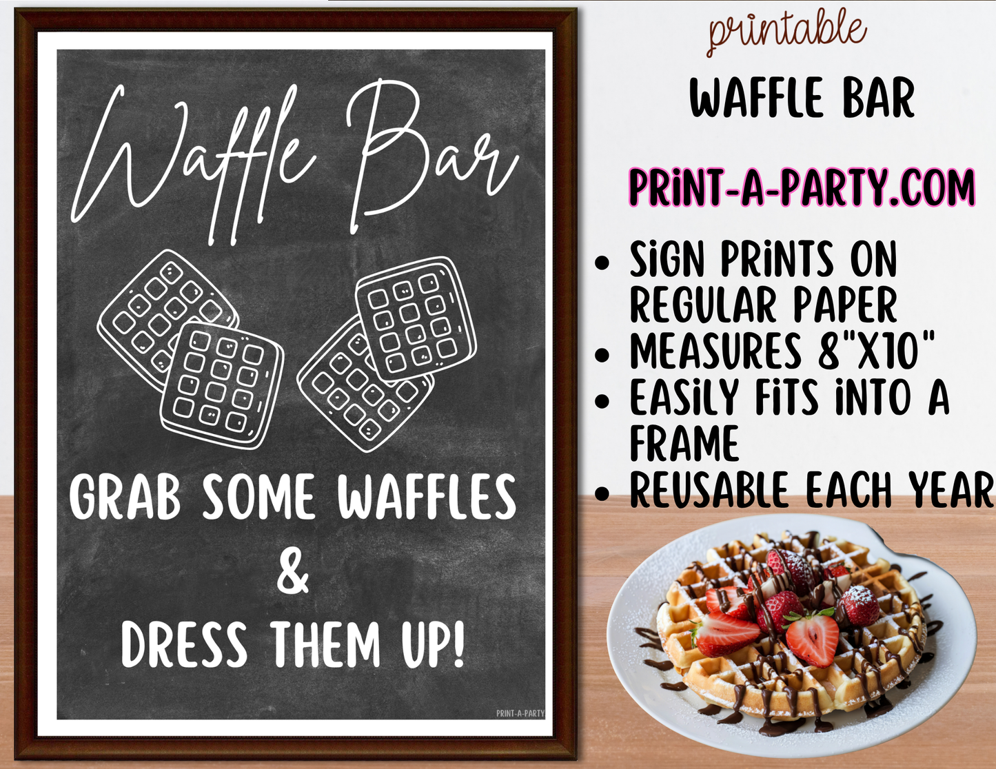 Waffle Bar Printable Sign (8x10) & Topping Tent Cards – Party Decor for Parties, Showers, Events