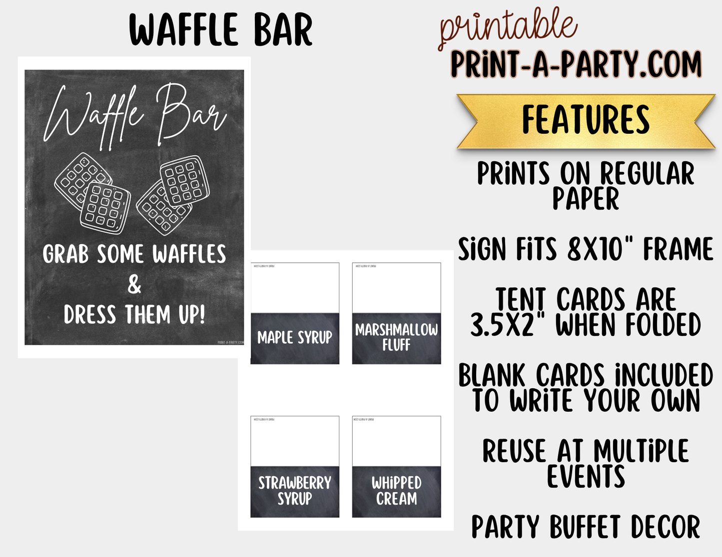 Waffle Bar Printable Sign (8x10) & Topping Tent Cards – Party Decor for Parties, Showers, Events