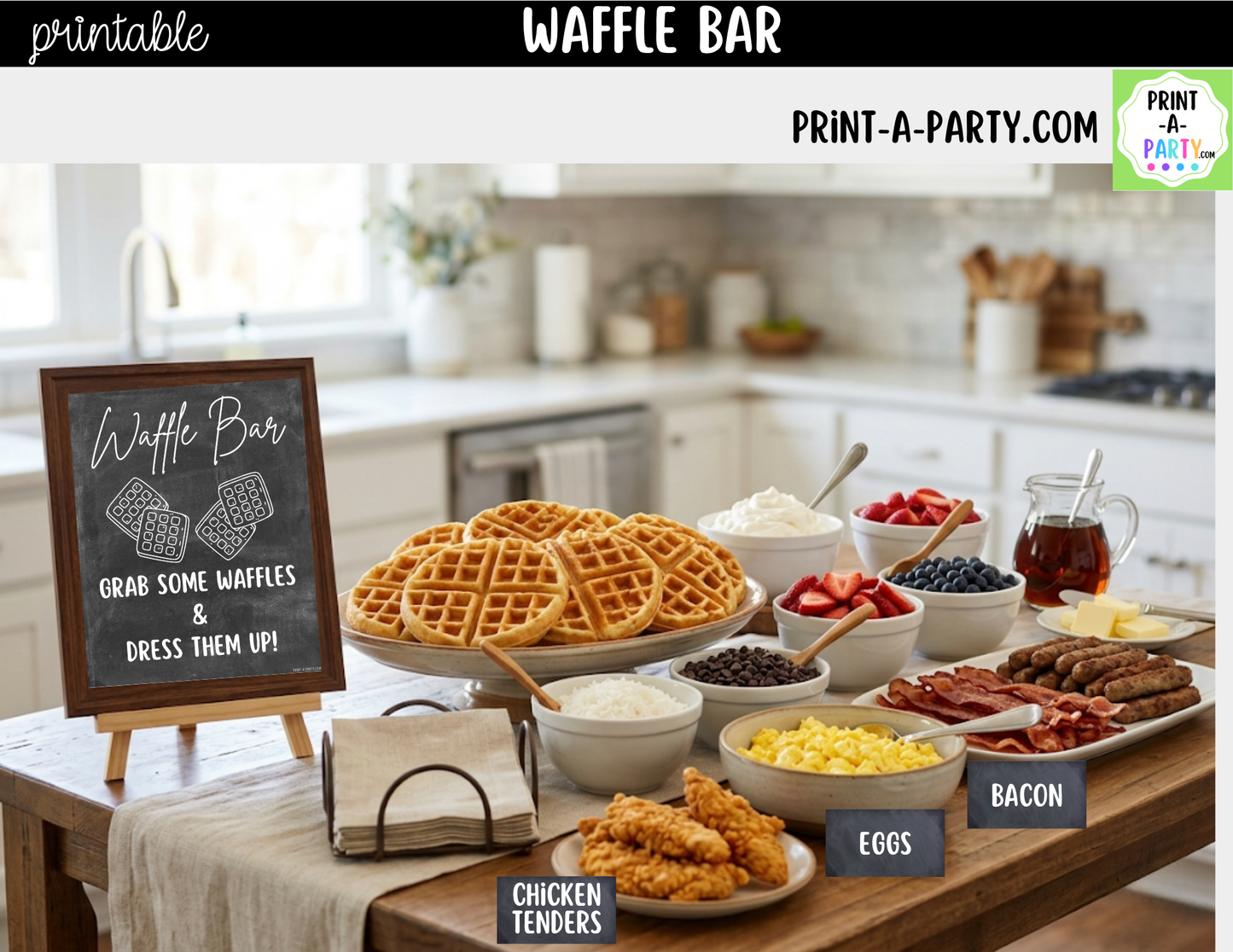 Waffle Bar Printable Sign (8x10) & Topping Tent Cards – Party Decor for Parties, Showers, Events