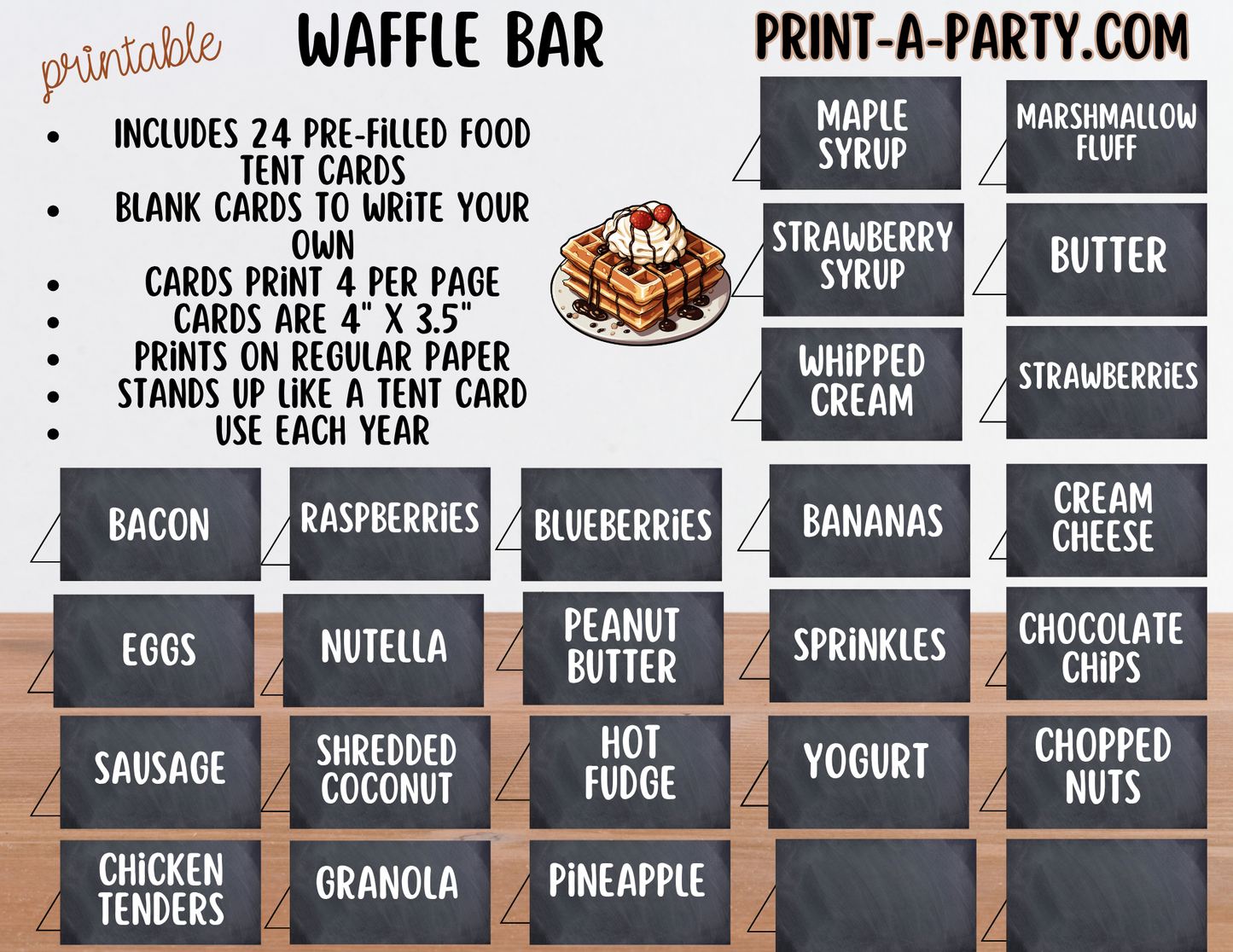 Waffle Bar Printable Sign (8x10) & Topping Tent Cards – Party Decor for Parties, Showers, Events