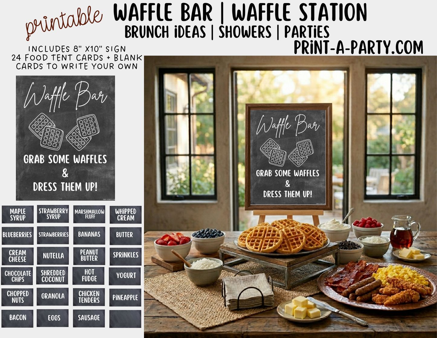 Waffle Bar Printable Sign (8x10) & Topping Tent Cards – Party Decor for Parties, Showers, Events