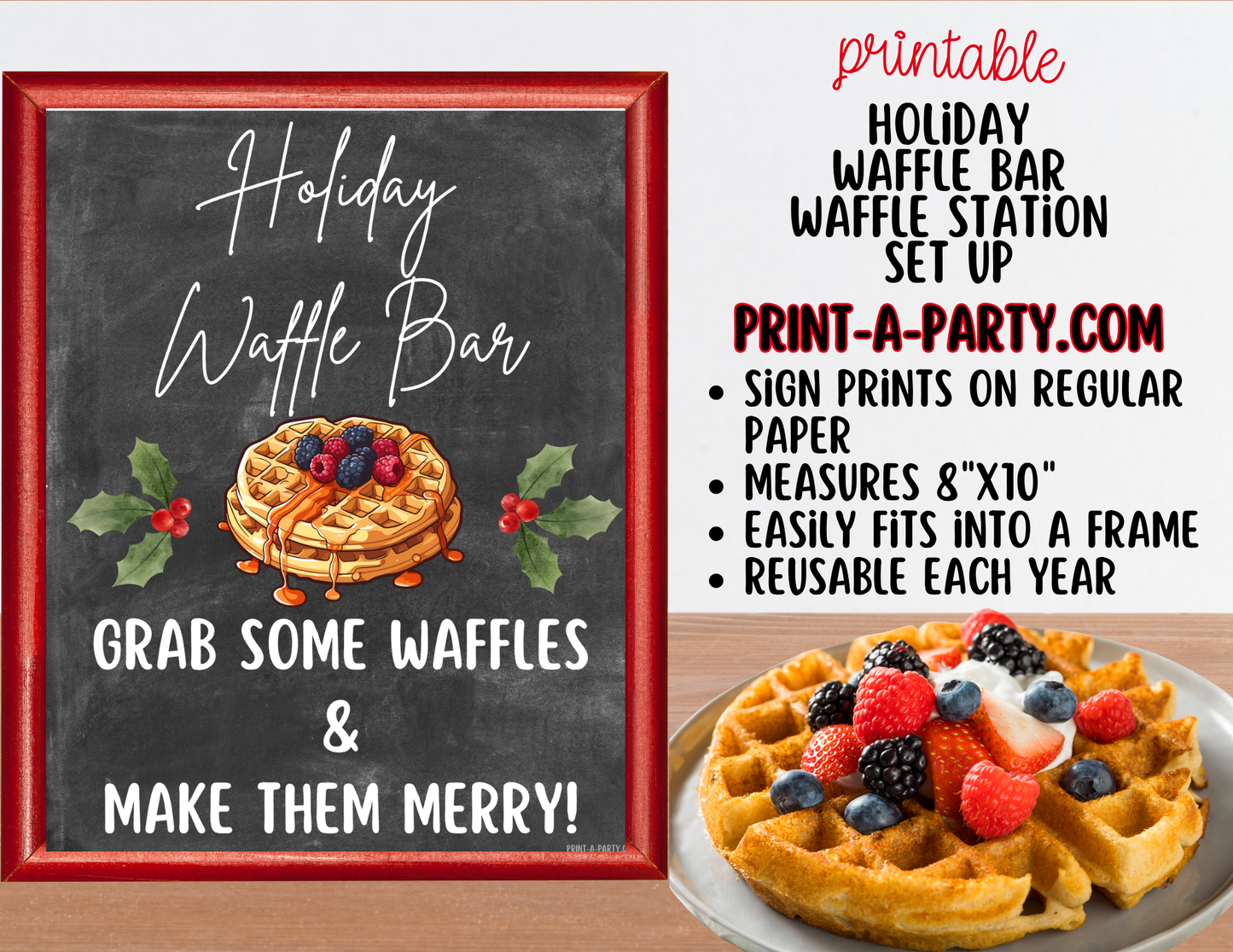 Holiday Waffle Bar Printable Sign (8x10) and Topping Tent Cards - Holiday Party Food Decor