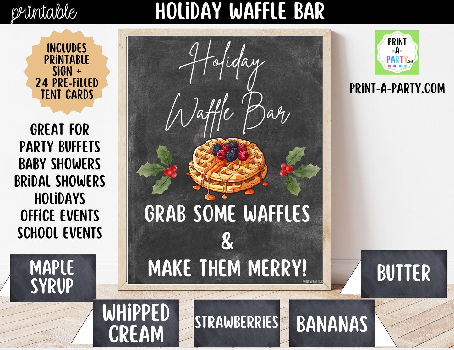 Holiday Waffle Bar Printable Sign (8x10) and Topping Tent Cards - Holiday Party Food Decor