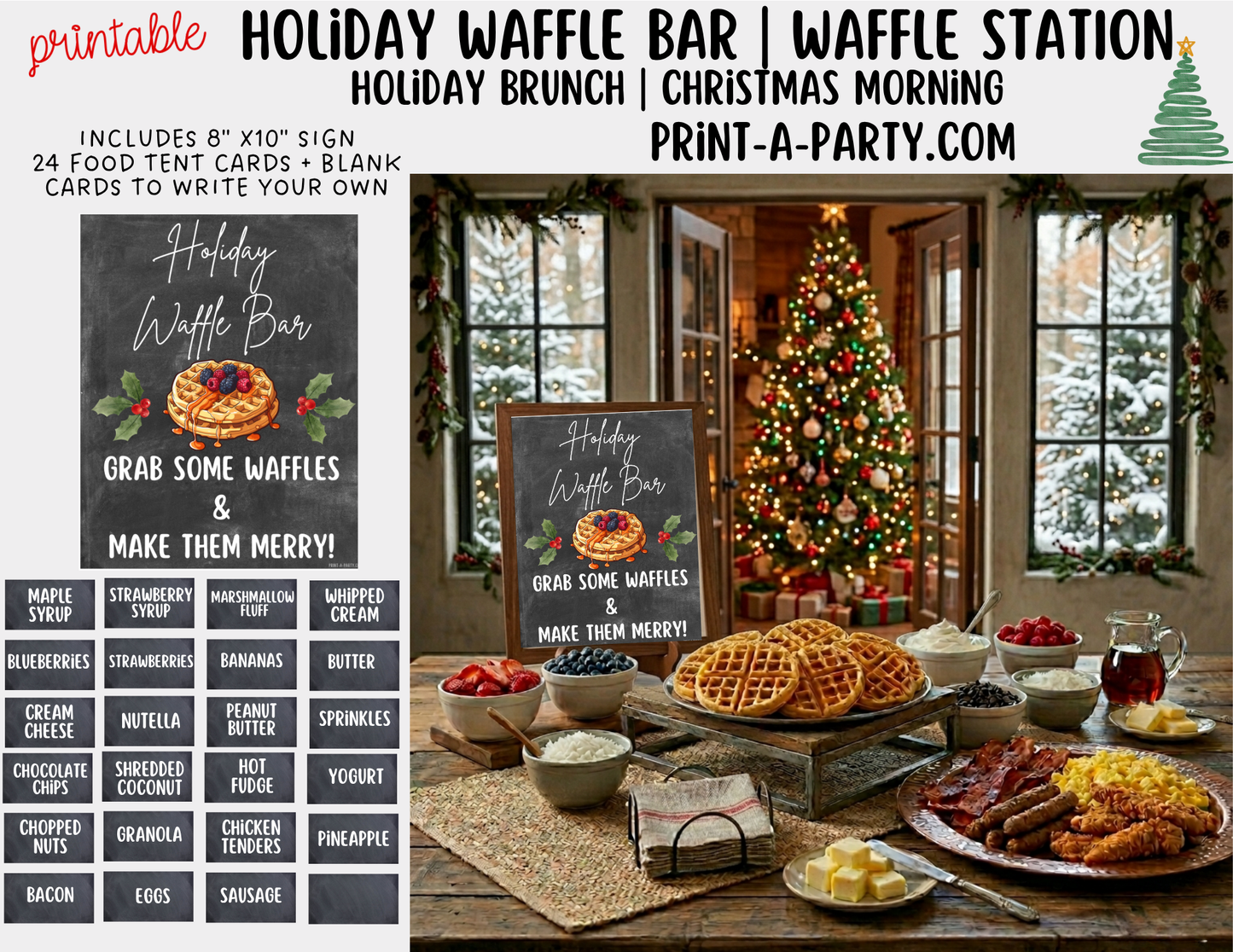 Holiday Waffle Bar Printable Sign (8x10) and Topping Tent Cards - Holiday Party Food Decor