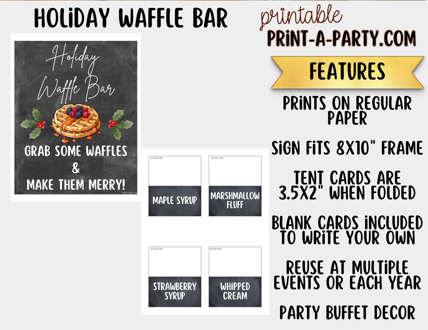 Holiday Waffle Bar Printable Sign (8x10) and Topping Tent Cards - Holiday Party Food Decor