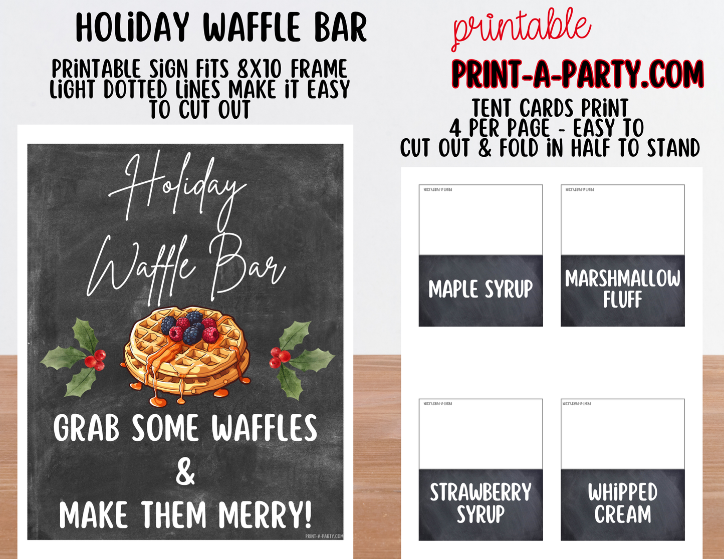 Holiday Waffle Bar Printable Sign (8x10) and Topping Tent Cards - Holiday Party Food Decor