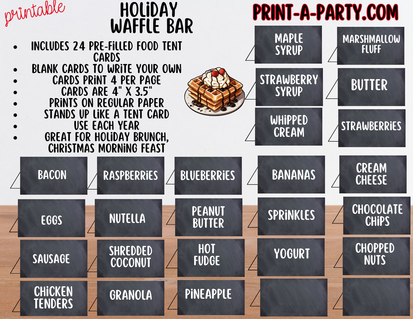 Holiday Waffle Bar Printable Sign (8x10) and Topping Tent Cards - Holiday Party Food Decor