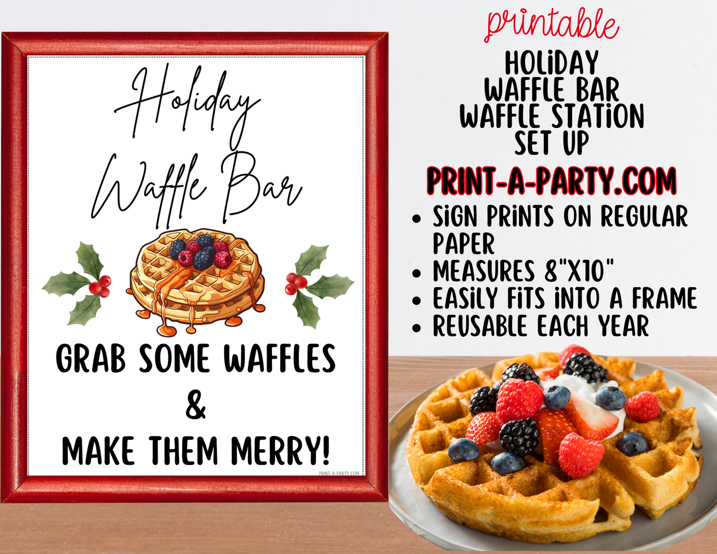 Holiday Waffle Bar Printable Sign (8x10) and Topping Tent Cards - Holiday Party Food Decor