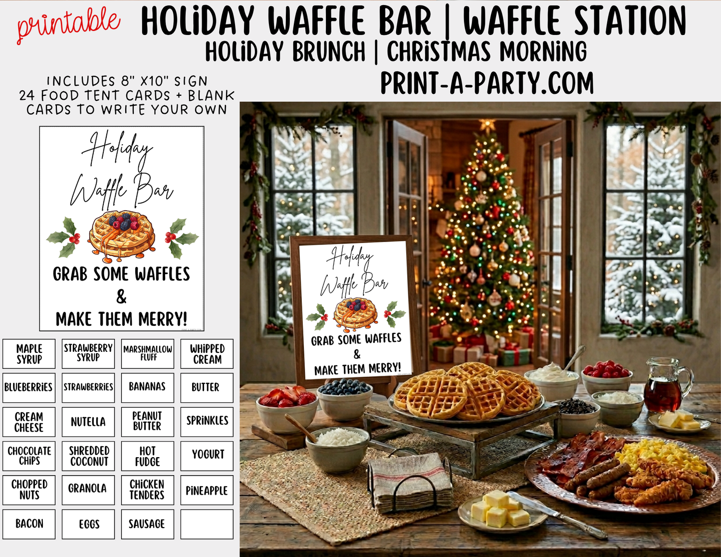 Holiday Waffle Bar Printable Sign (8x10) and Topping Tent Cards - Holiday Party Food Decor