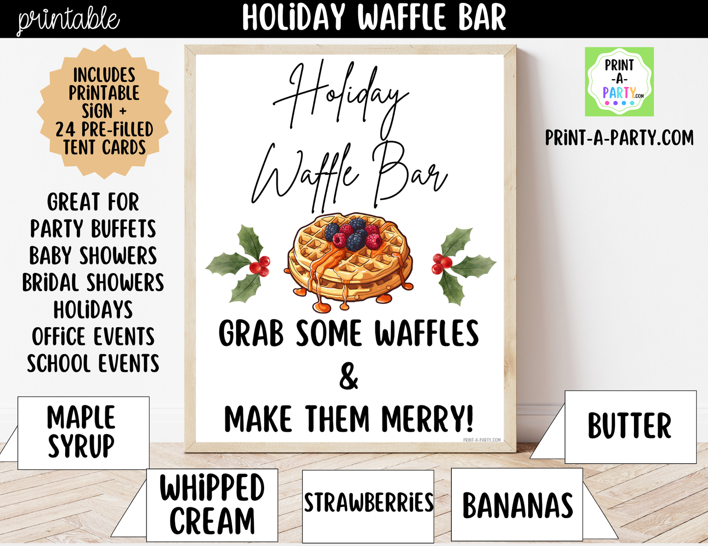 Holiday Waffle Bar Printable Sign (8x10) and Topping Tent Cards - Holiday Party Food Decor