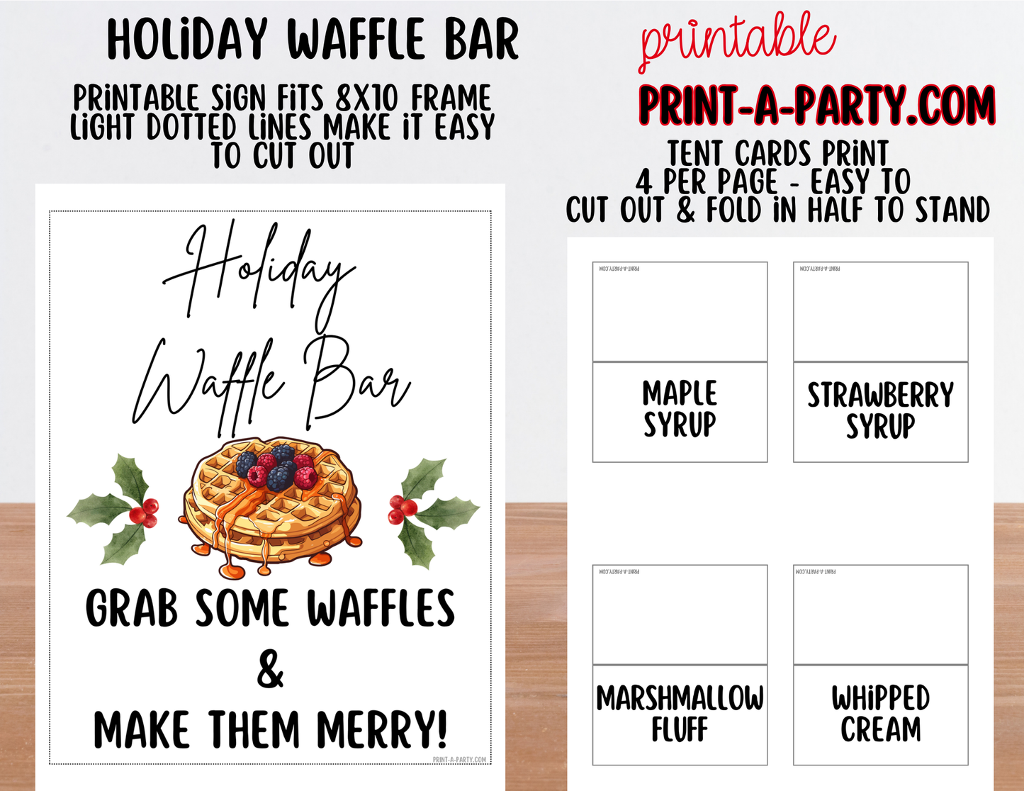 Holiday Waffle Bar Printable Sign (8x10) and Topping Tent Cards - Holiday Party Food Decor