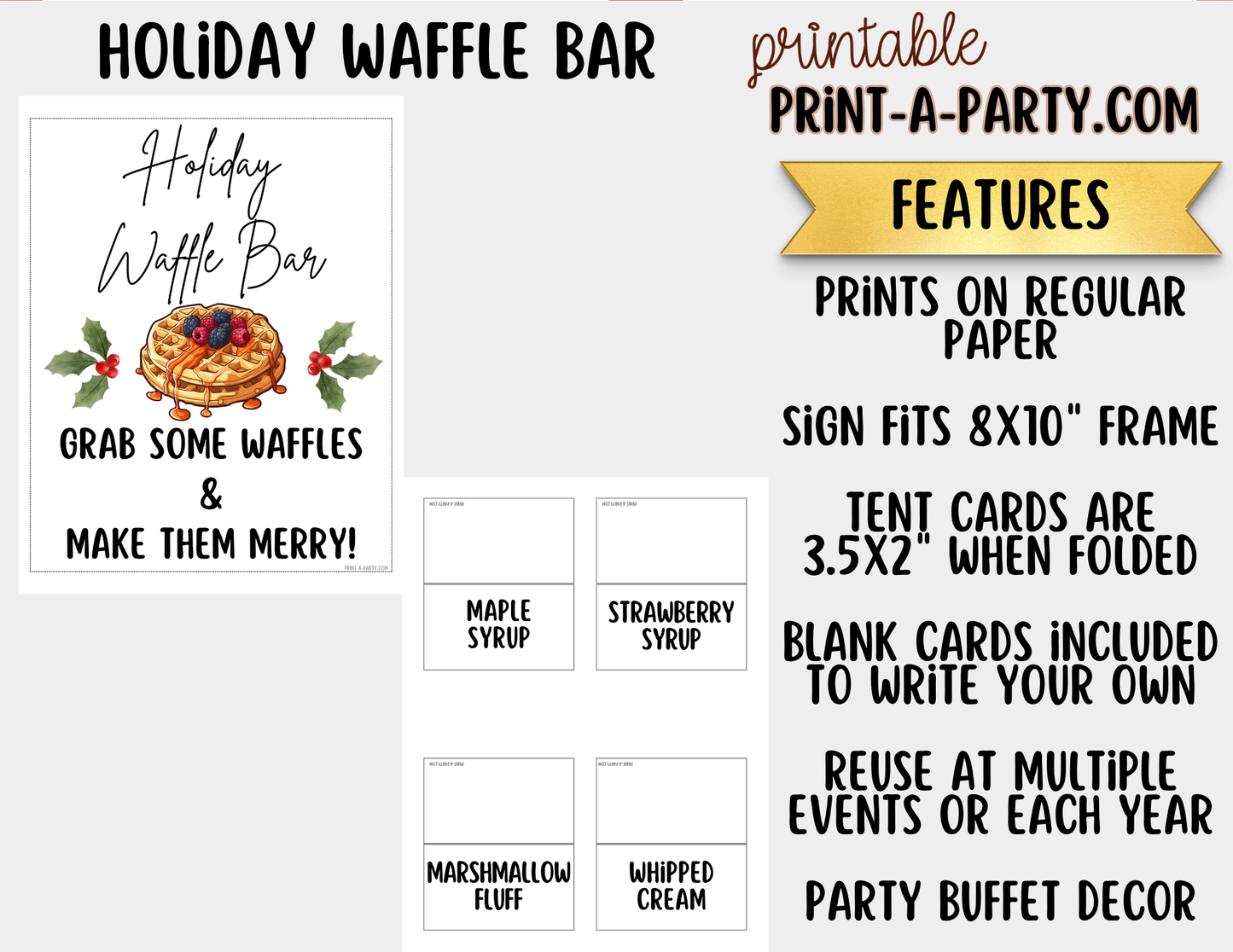 Holiday Waffle Bar Printable Sign (8x10) and Topping Tent Cards - Holiday Party Food Decor