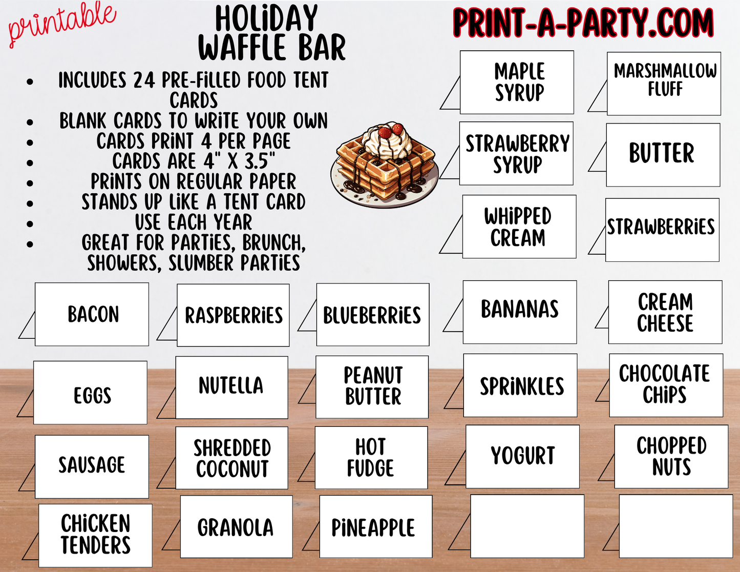 Holiday Waffle Bar Printable Sign (8x10) and Topping Tent Cards - Holiday Party Food Decor