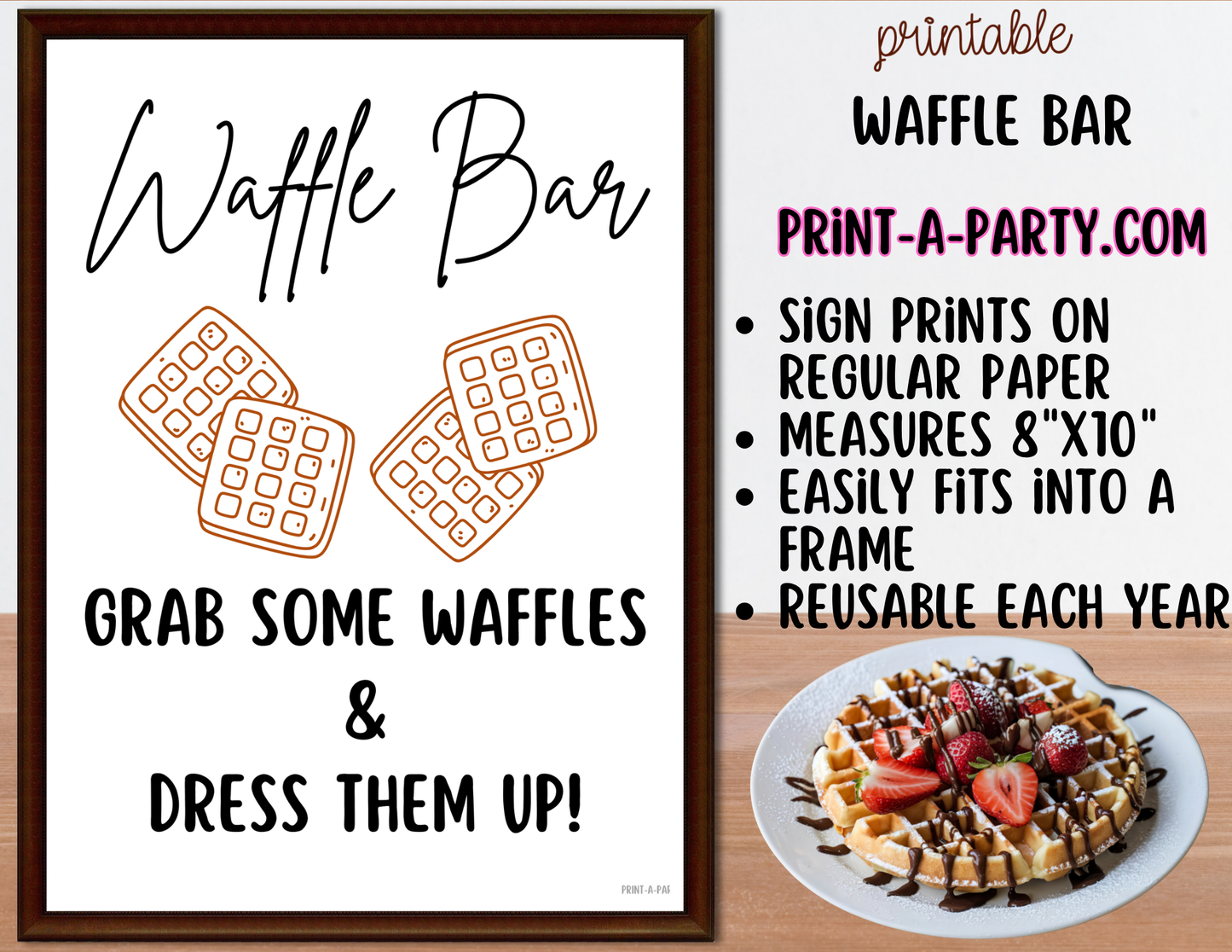 Waffle Bar Printable Sign (8x10) & Topping Tent Cards – Party Decor for Parties, Showers, Events