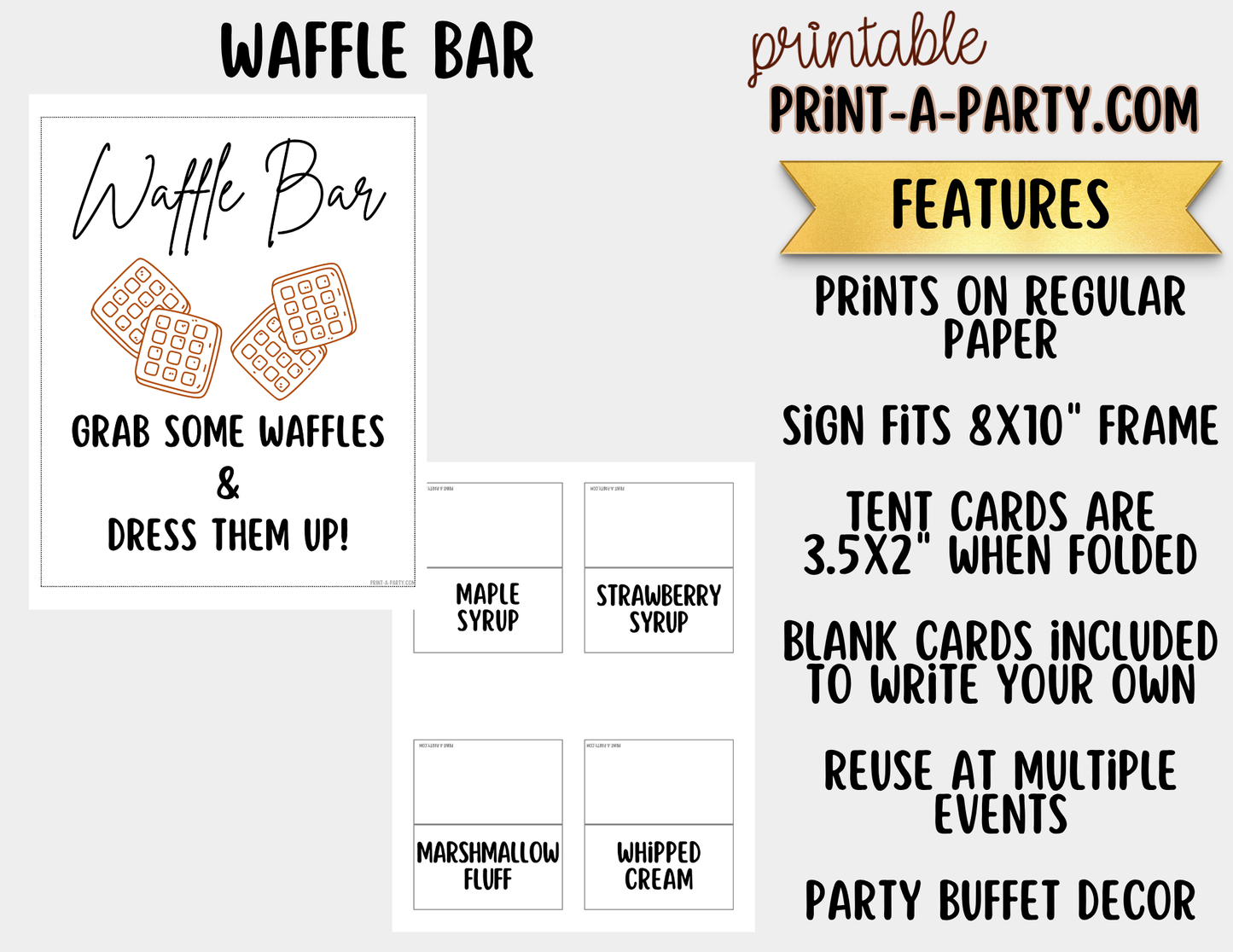 Waffle Bar Printable Sign (8x10) & Topping Tent Cards – Party Decor for Parties, Showers, Events