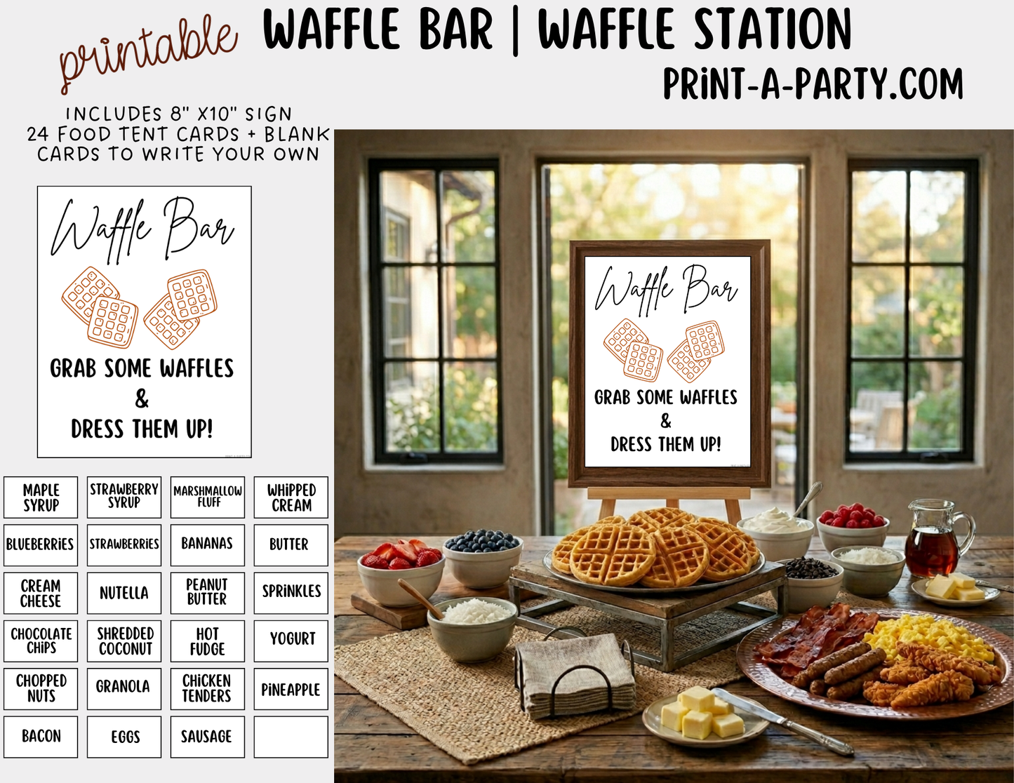 Waffle Bar Printable Sign (8x10) & Topping Tent Cards – Party Decor for Parties, Showers, Events