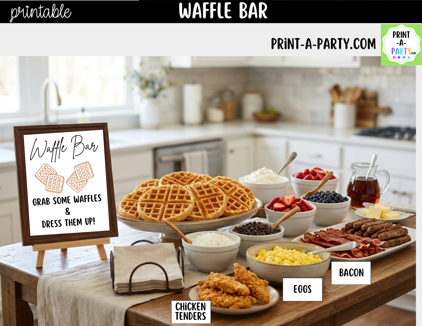 Waffle Bar Printable Sign (8x10) & Topping Tent Cards – Party Decor for Parties, Showers, Events
