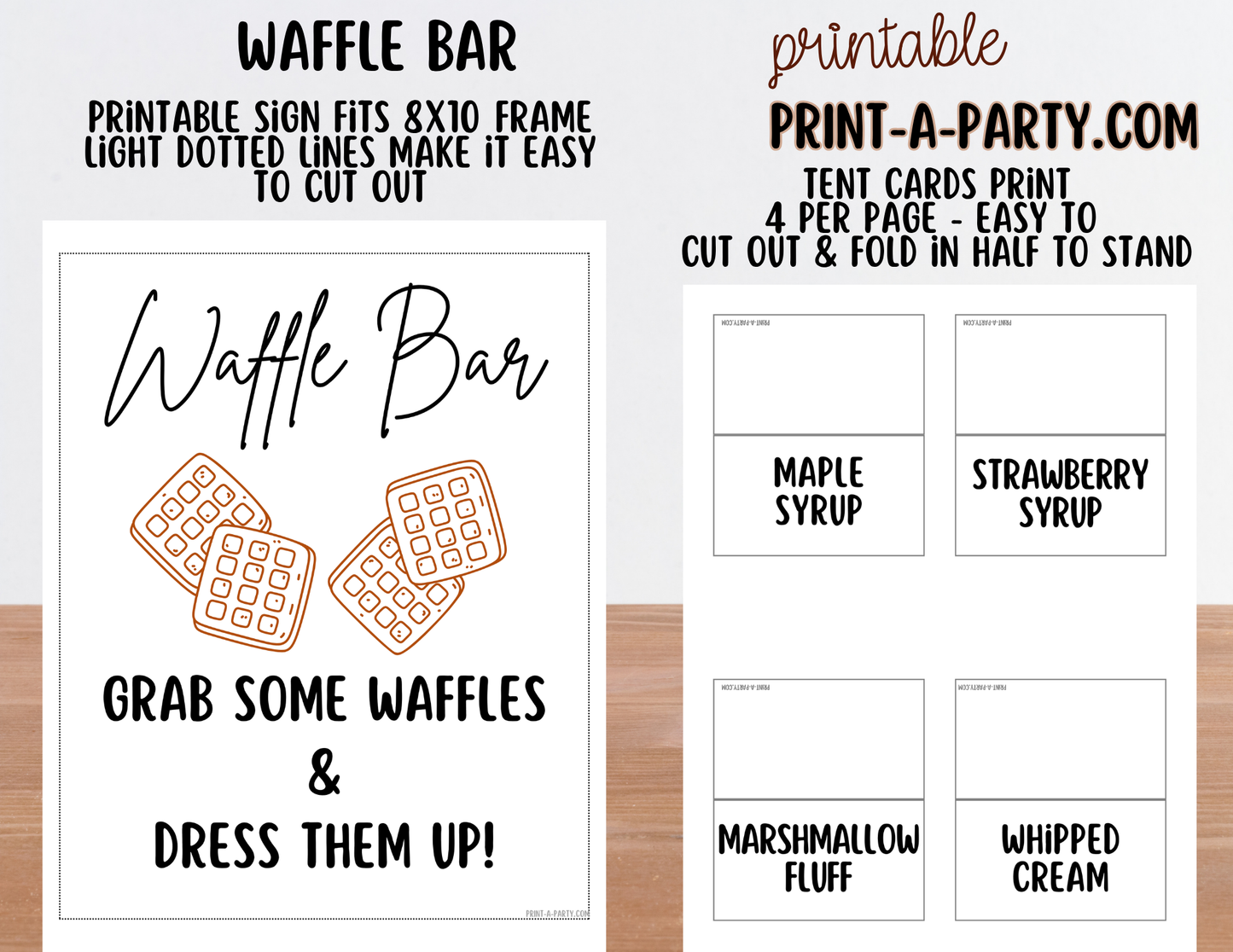 Waffle Bar Printable Sign (8x10) & Topping Tent Cards – Party Decor for Parties, Showers, Events