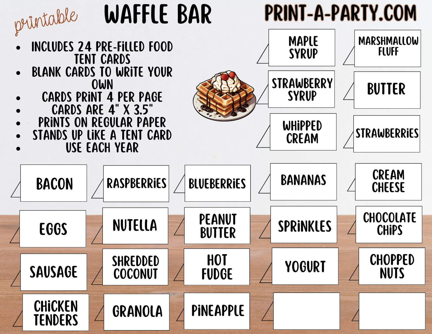 Waffle Bar Printable Sign (8x10) & Topping Tent Cards – Party Decor for Parties, Showers, Events