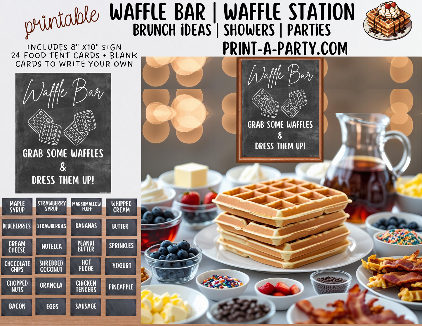 WAFFLE BAR - Printable Chalkboard Waffle Bar Sign & Topping Labels – Perfect for Brunches, Showers, Birthdays Slumber Parties & More