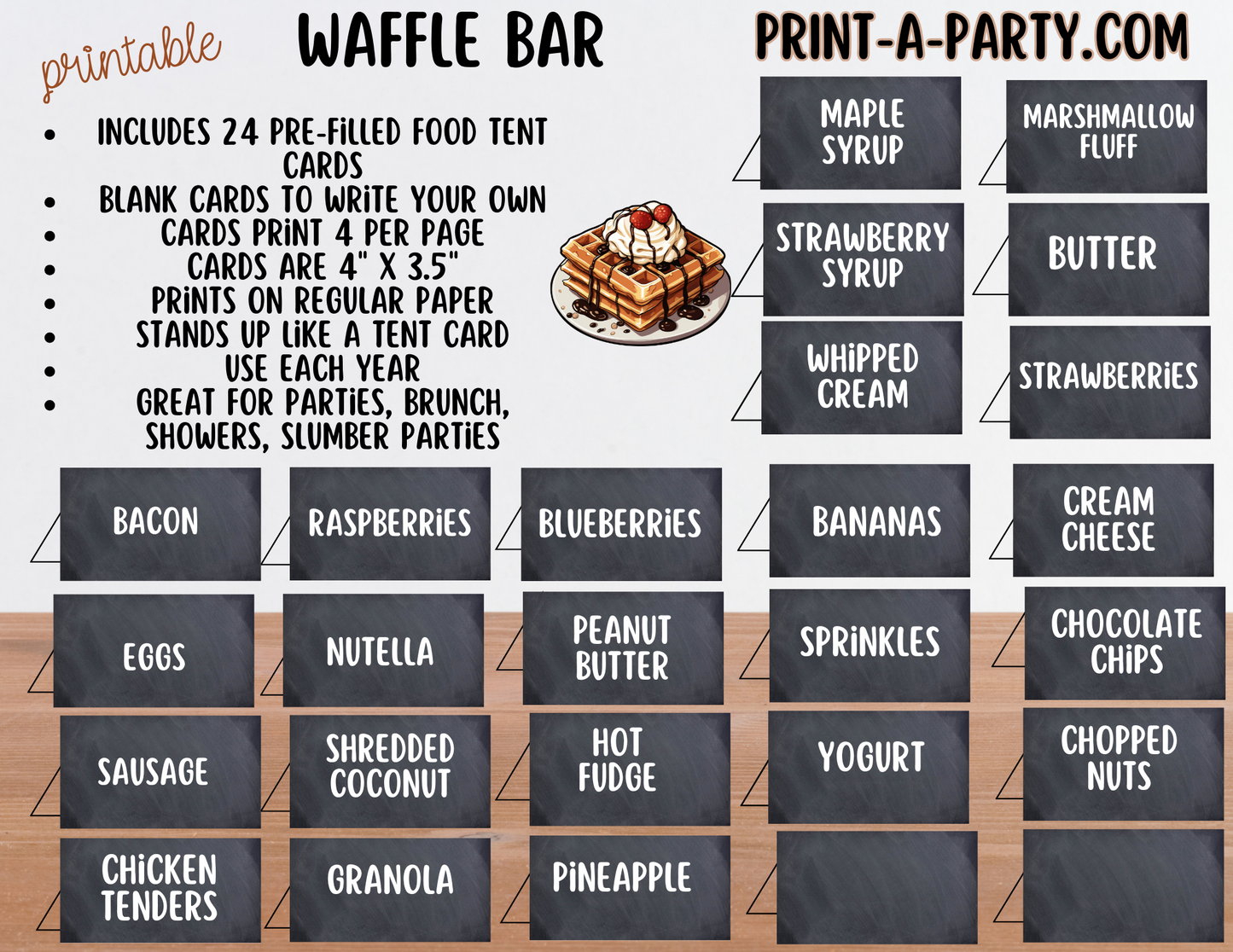 WAFFLE BAR - Printable Chalkboard Waffle Bar Sign & Topping Labels – Perfect for Brunches, Showers, Birthdays Slumber Parties & More