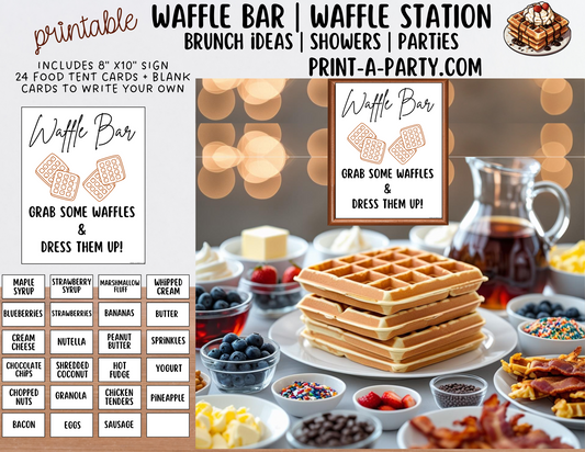 WAFFLE BAR - Printable White Waffle Bar Sign & Topping Labels – Perfect for Brunches, Showers, Birthdays Slumber Parties & More
