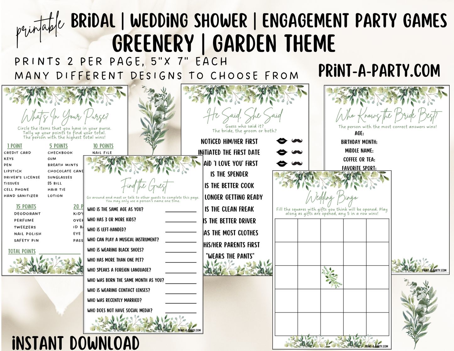 GAME BUNDLE:  Bridal Wedding Shower Engagement Party Game Bundle | Garden Greenery Wedding | Garden Wedding Theme | Printable