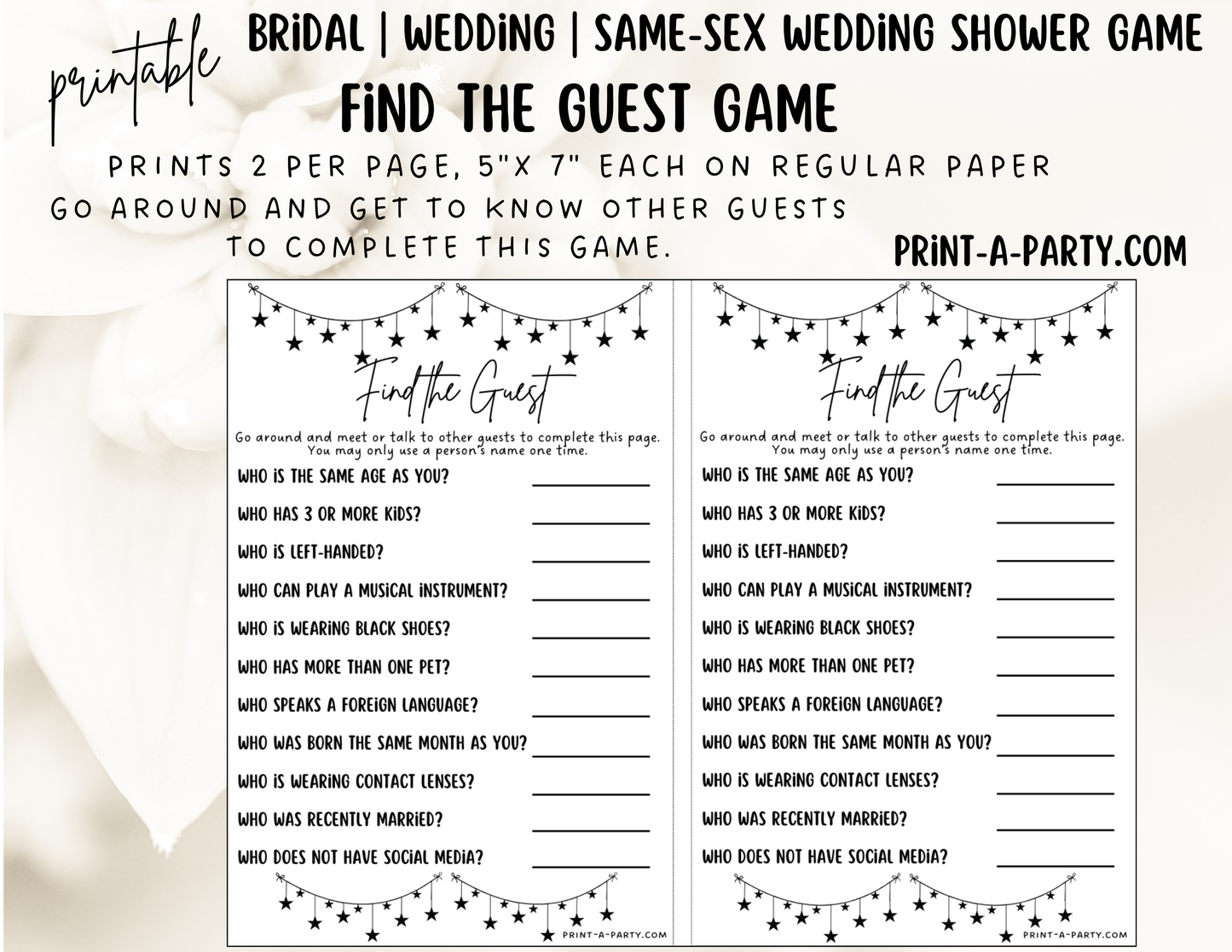 Same Sex Wedding Shower Game Bundle (4) LGBTQ+ | Same Sex Wedding Activities | Same Sex Weddings - Star Garland Design