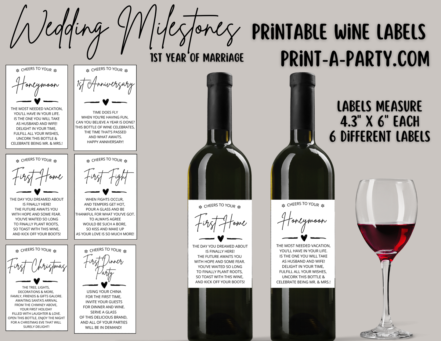 WINE LABELS: Wedding Milestones | 1st Year Marriage Milestones | Wedding Gift Idea | Bridal Shower Gift Idea | Engagement Gift Idea