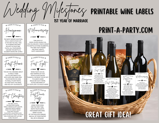 WINE LABELS: Wedding Milestones | 1st Year Marriage Milestones | Wedding Gift Idea | Bridal Shower Gift Idea | Engagement Gift Idea