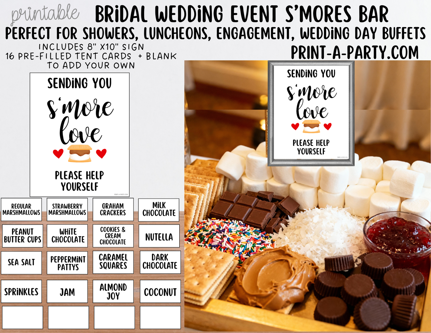 Wedding Event S'Mores Bar - Sending You S’more Love Printable Sign and Tent Cards | Wedding or Bridal Shower S'mores Bar Decor | Instant Download