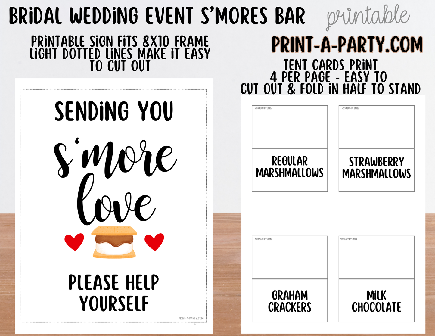 Wedding Event S'Mores Bar - Sending You S’more Love Printable Sign and Tent Cards | Wedding or Bridal Shower S'mores Bar Decor | Instant Download