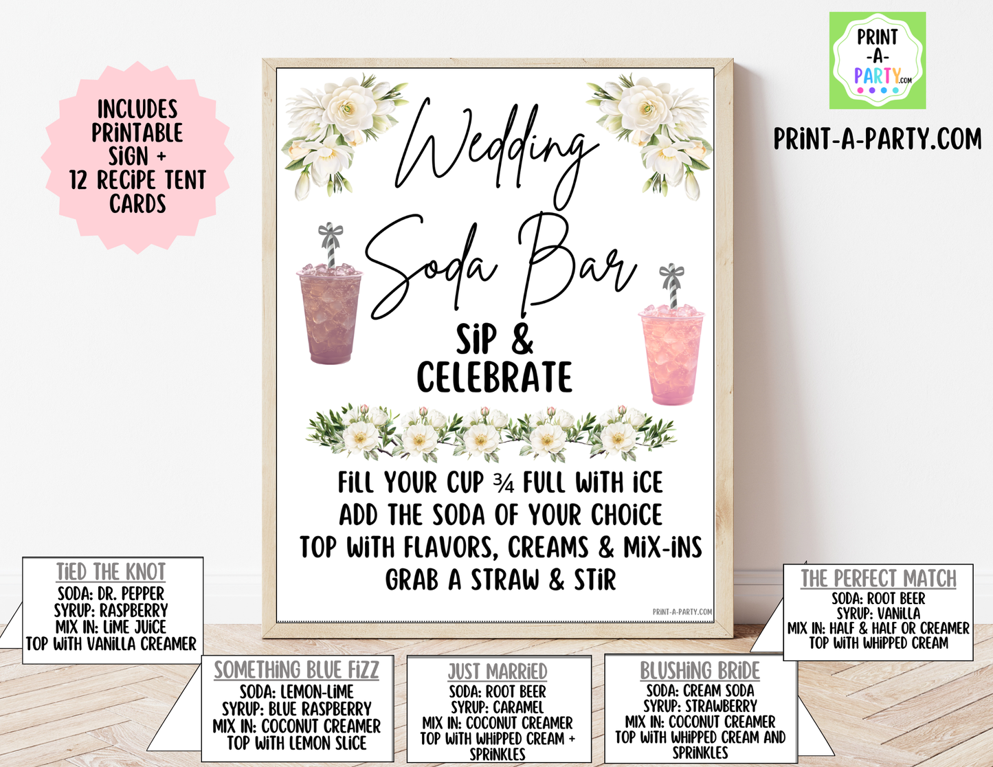 SODA BAR - Printable Wedding "Dirty" Soda Bar Kit - Sign & Recipe Tent Cards (12 recipes!) for wedding events