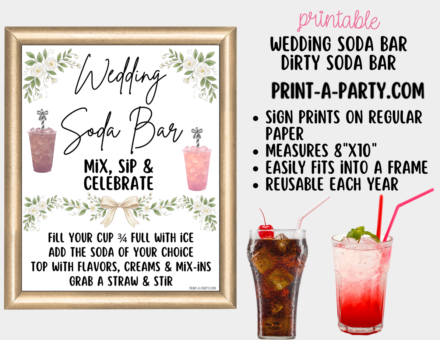 Wedding "Dirty" Soda Bar Kit - Printable Sign (8x10) & Recipe Tent Cards (12 recipes!) + shopping list for wedding events