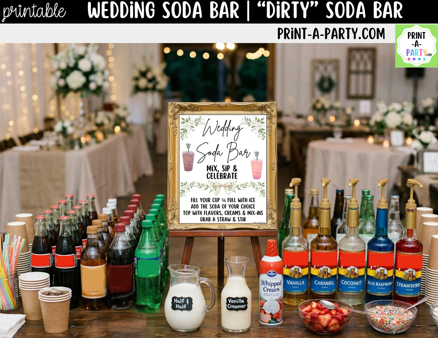 Wedding "Dirty" Soda Bar Kit - Printable Sign (8x10) & Recipe Tent Cards (12 recipes!) + shopping list for wedding events