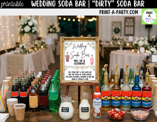 Wedding "Dirty" Soda Bar Kit - Printable Sign (8x10) & Recipe Tent Cards (12 recipes!) + shopping list for wedding events
