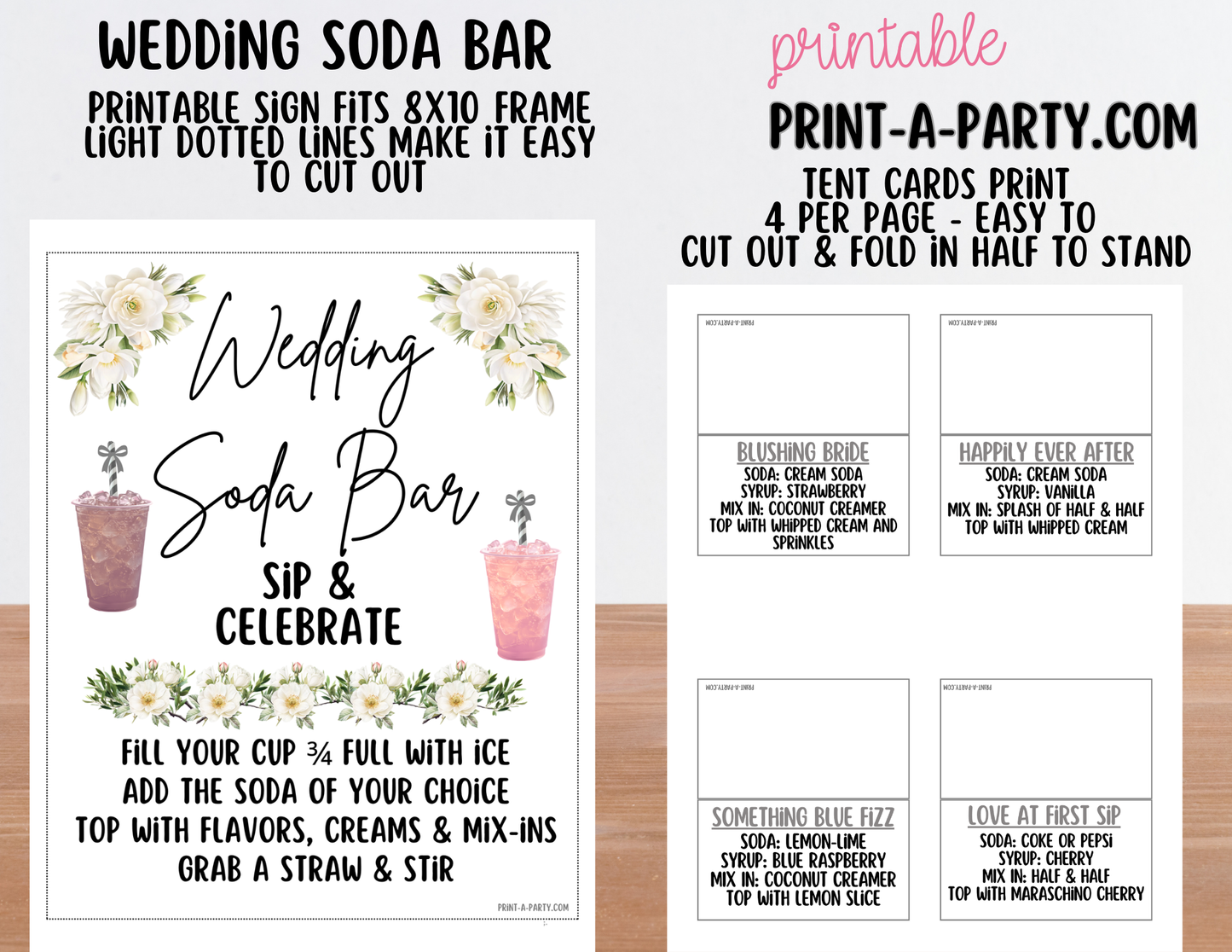 SODA BAR - Printable Wedding "Dirty" Soda Bar Kit - Sign & Recipe Tent Cards (12 recipes!) for wedding events