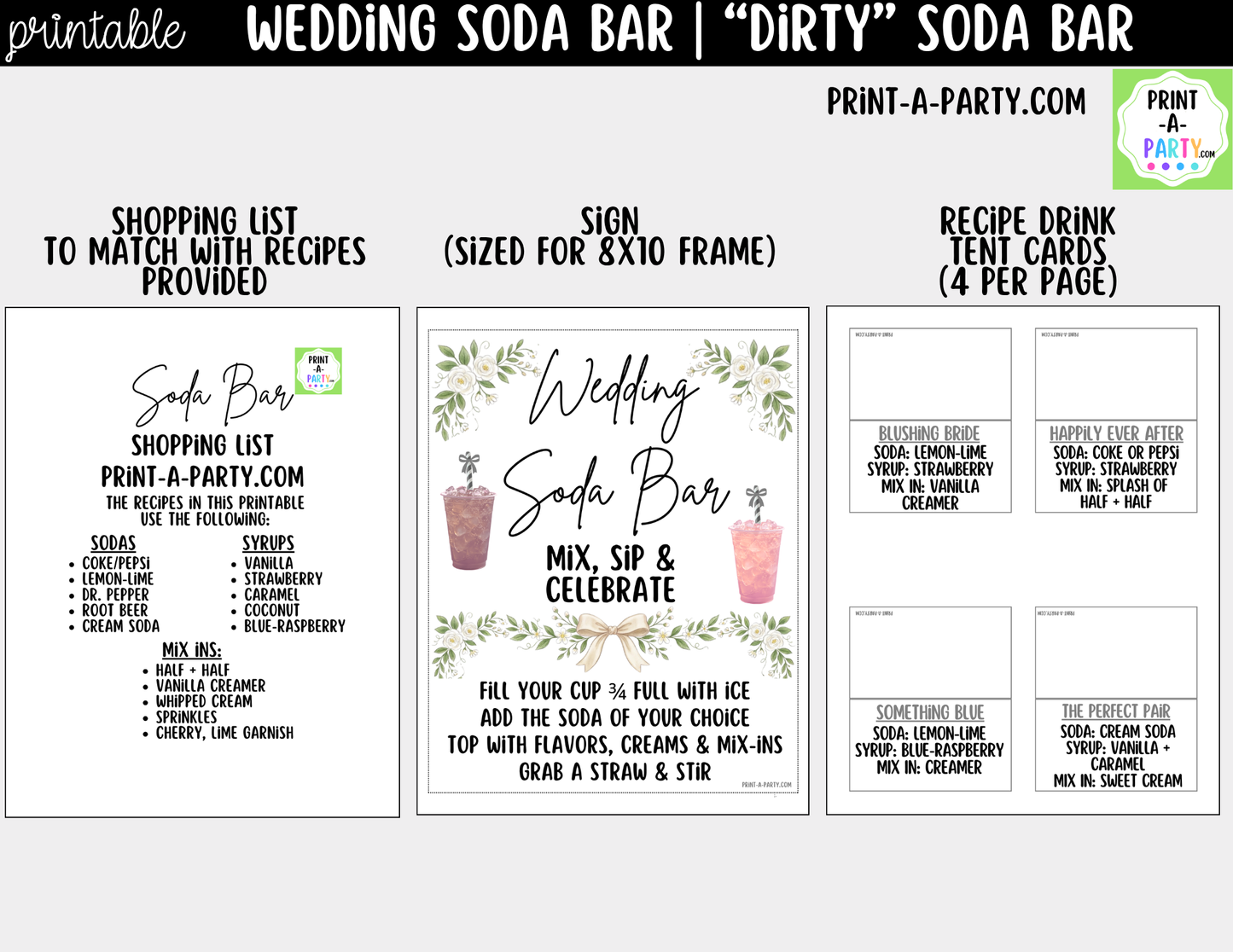 Wedding "Dirty" Soda Bar Kit - Printable Sign (8x10) & Recipe Tent Cards (12 recipes!) + shopping list for wedding events