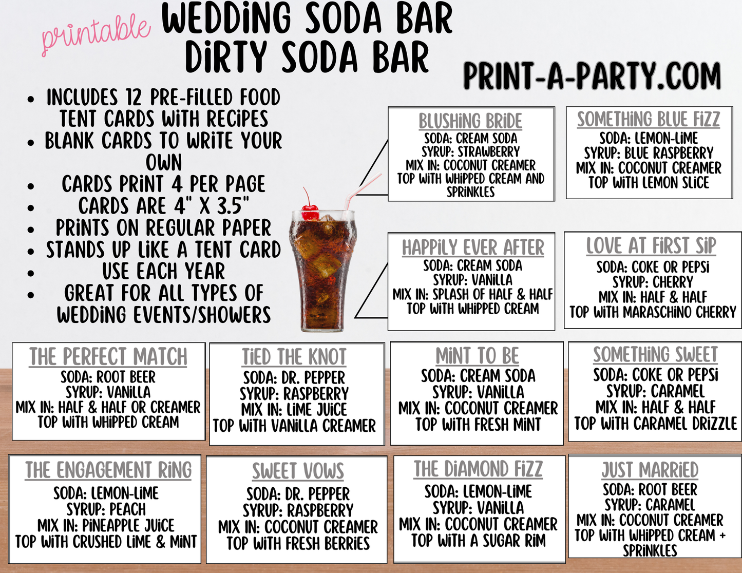 SODA BAR - Printable Wedding "Dirty" Soda Bar Kit - Sign & Recipe Tent Cards (12 recipes!) for wedding events