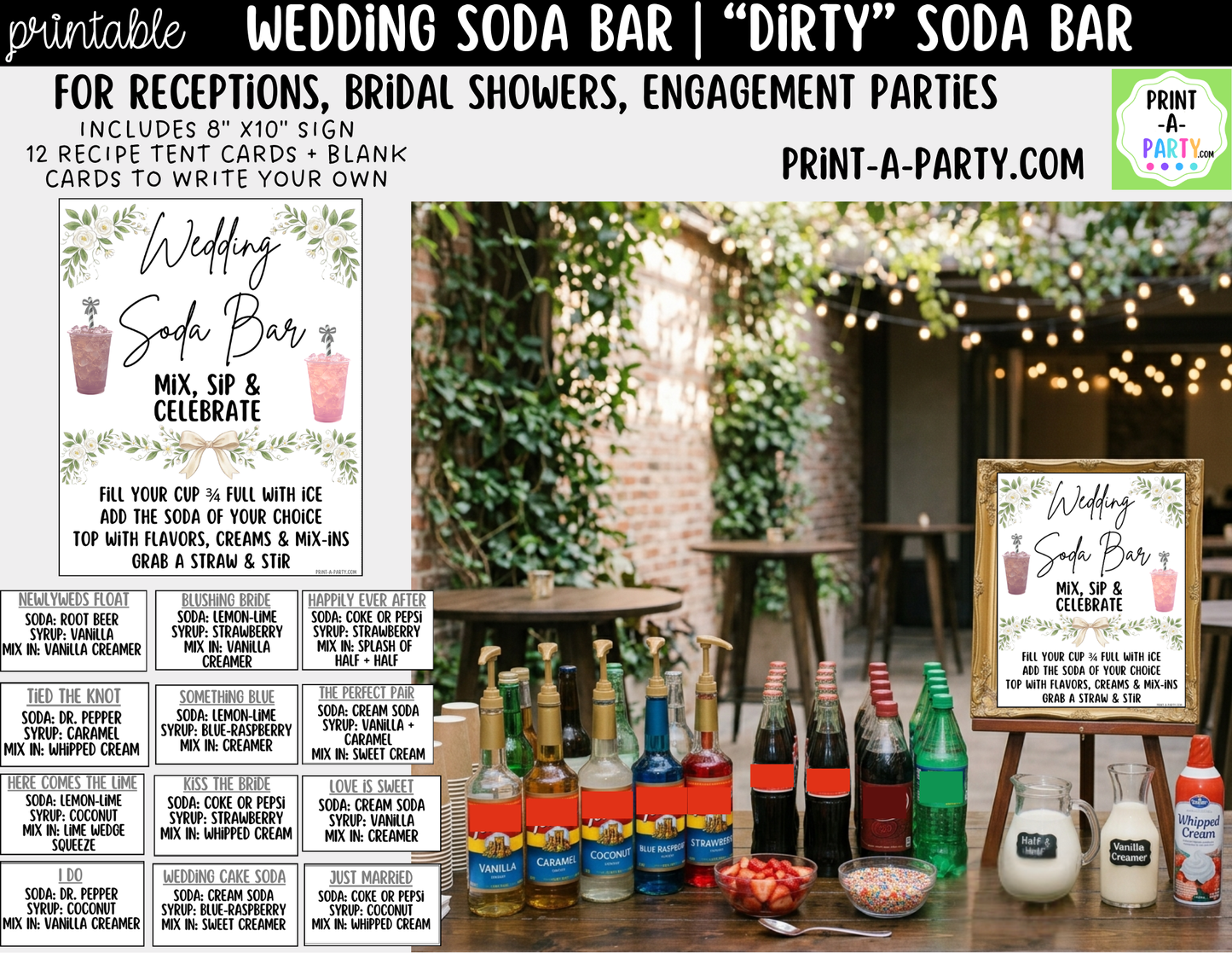 Wedding "Dirty" Soda Bar Kit - Printable Sign (8x10) & Recipe Tent Cards (12 recipes!) + shopping list for wedding events