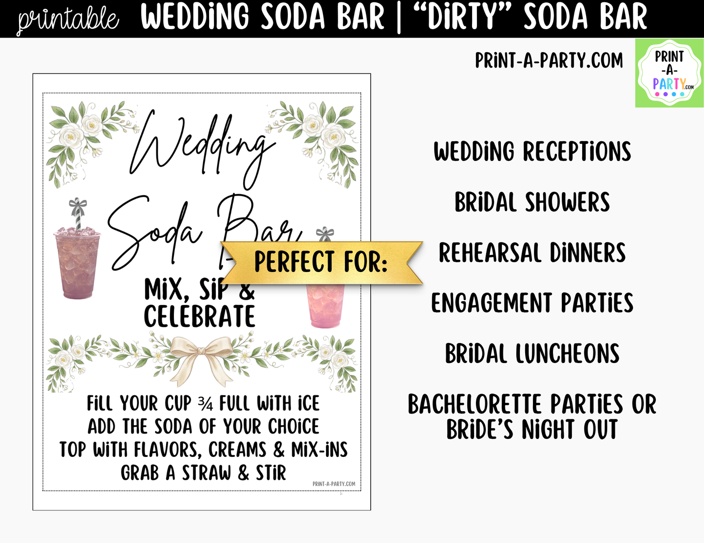 Wedding "Dirty" Soda Bar Kit - Printable Sign (8x10) & Recipe Tent Cards (12 recipes!) + shopping list for wedding events