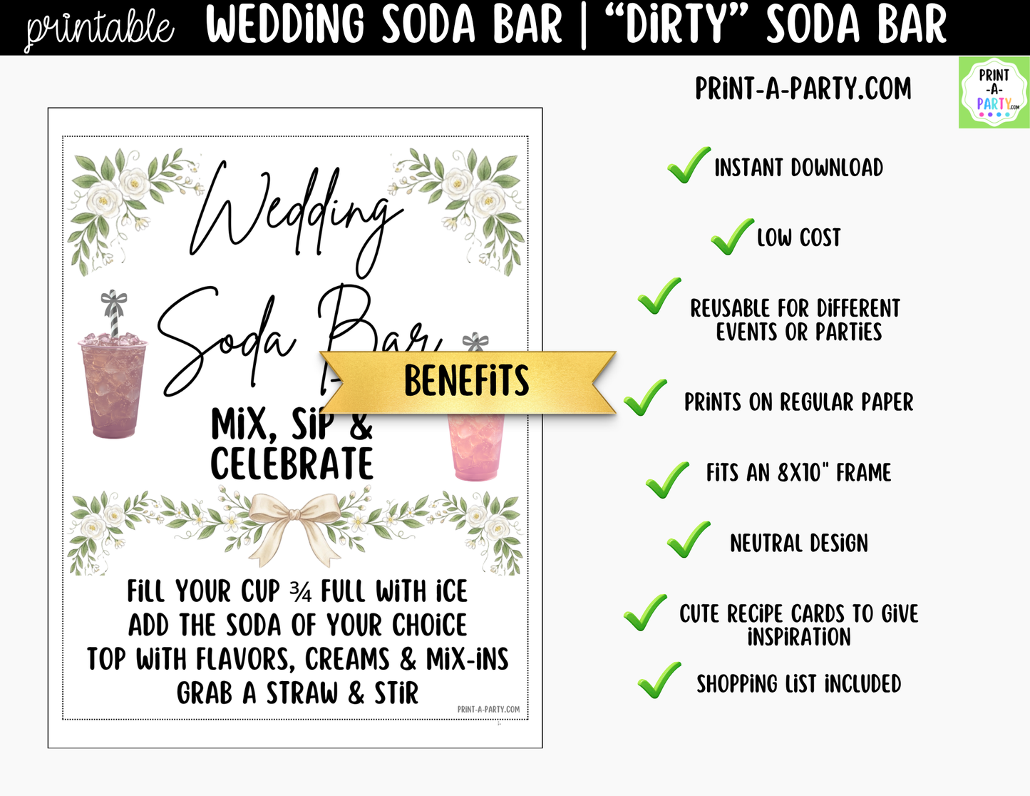Wedding "Dirty" Soda Bar Kit - Printable Sign (8x10) & Recipe Tent Cards (12 recipes!) + shopping list for wedding events