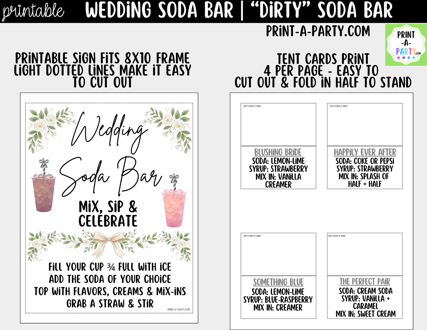 Wedding "Dirty" Soda Bar Kit - Printable Sign (8x10) & Recipe Tent Cards (12 recipes!) + shopping list for wedding events