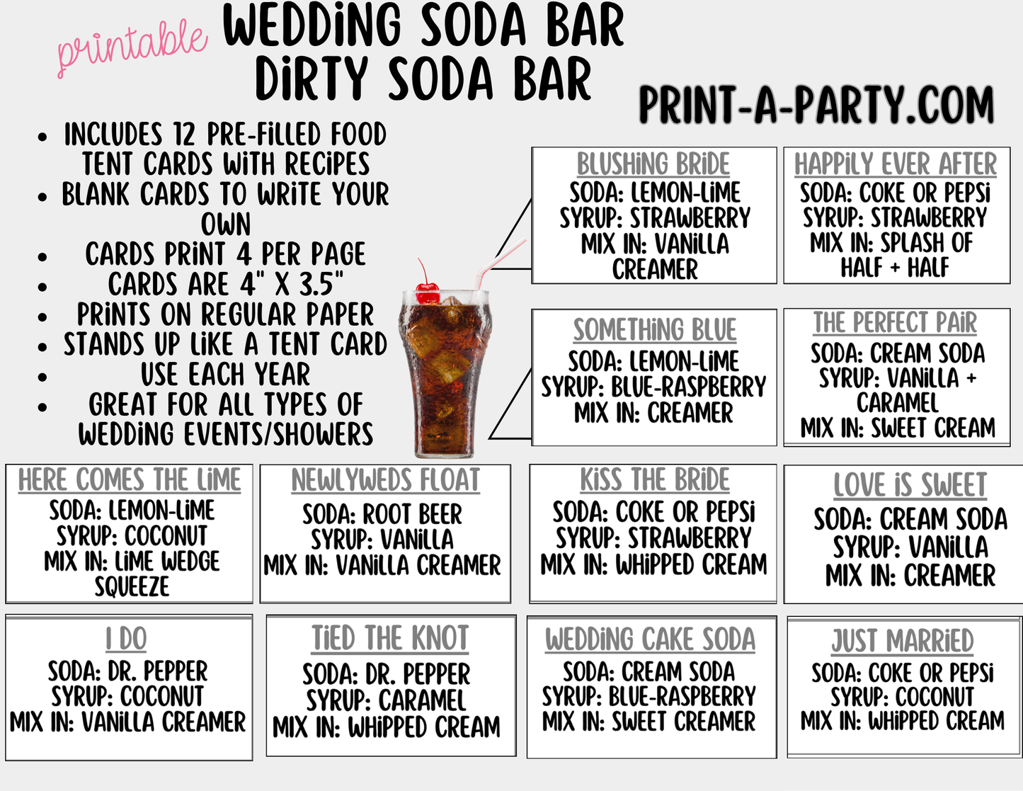 Wedding "Dirty" Soda Bar Kit - Printable Sign (8x10) & Recipe Tent Cards (12 recipes!) + shopping list for wedding events