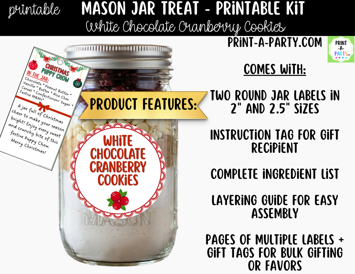 White Chocolate Cranberry Cookies Mason Jar Gift Printable Kit | Labels, Tag, Recipe & Instructions