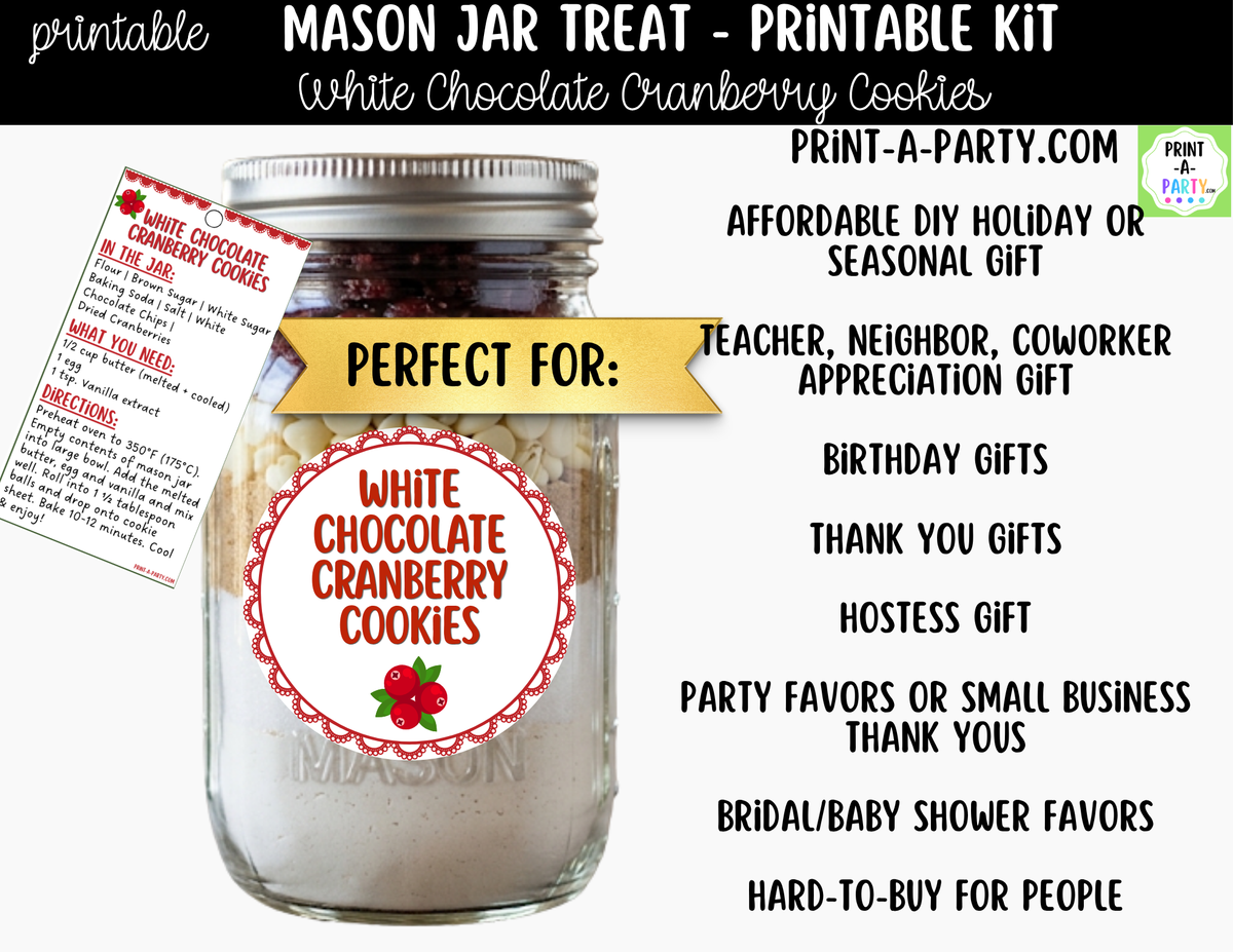 White Chocolate Cranberry Cookies Mason Jar Gift Printable Kit | Labels, Tag, Recipe & Instructions
