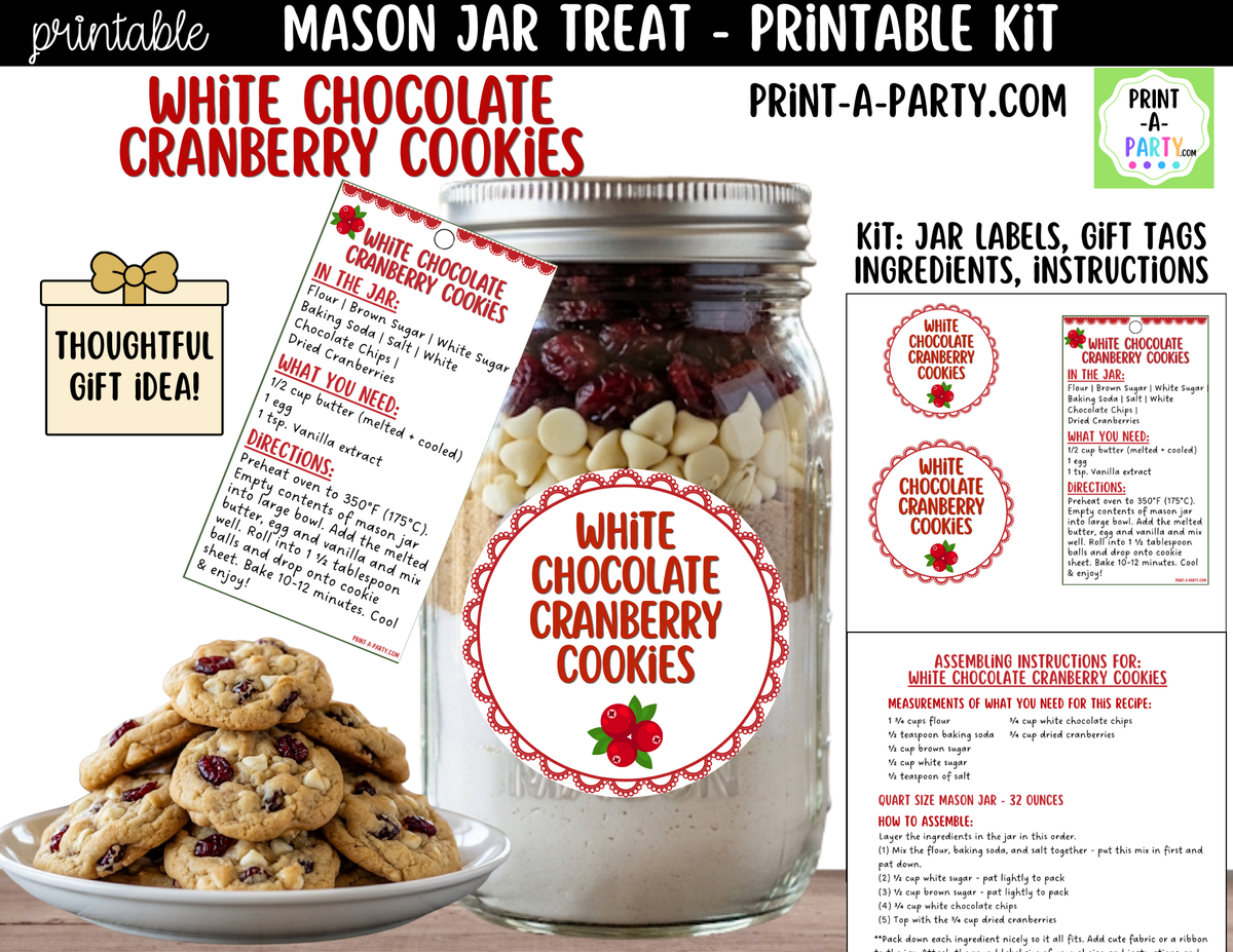 White Chocolate Cranberry Cookies Mason Jar Gift Printable Kit | Labels, Tag, Recipe & Instructions