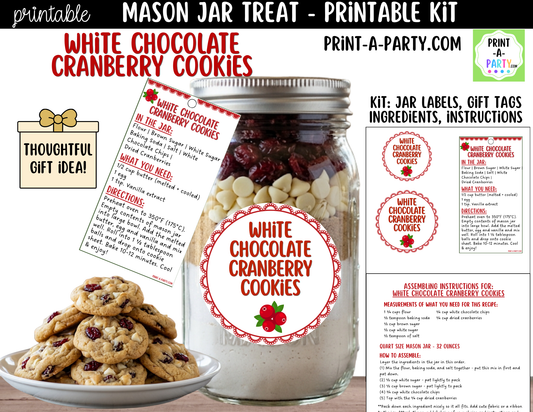 White Chocolate Cranberry Cookies Mason Jar Gift Printable Kit | Labels, Tag, Recipe & Instructions