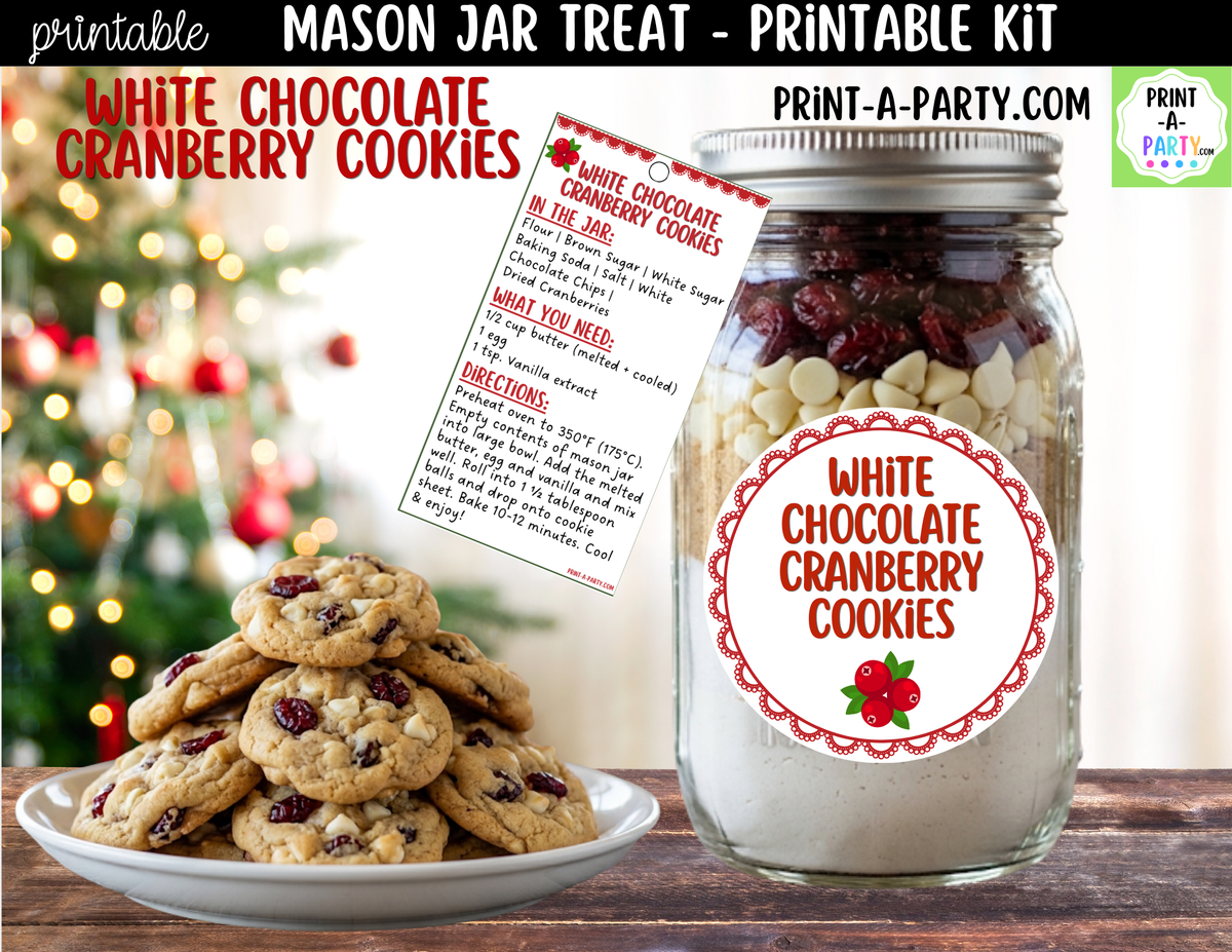 White Chocolate Cranberry Cookies Mason Jar Gift Printable Kit | Labels, Tag, Recipe & Instructions