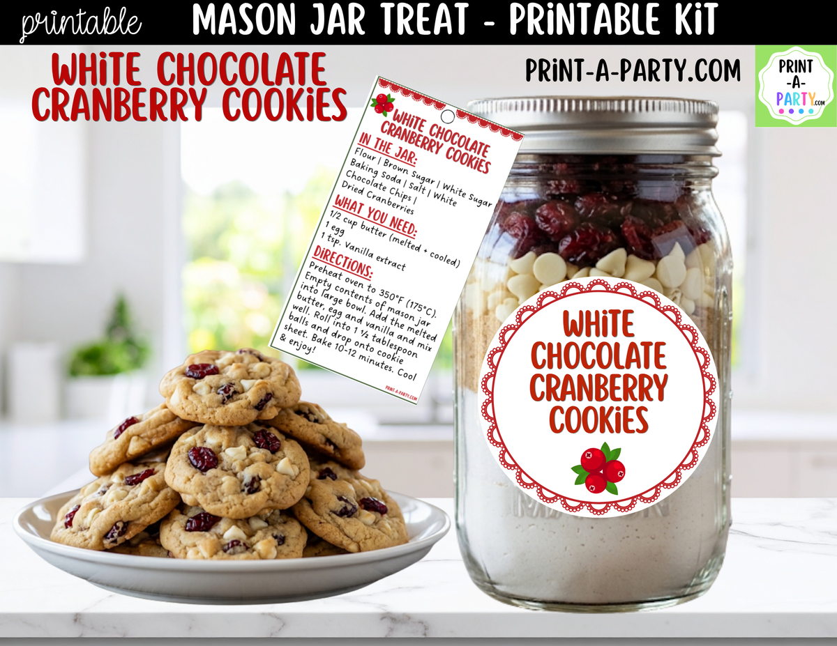White Chocolate Cranberry Cookies Mason Jar Gift Printable Kit | Labels, Tag, Recipe & Instructions